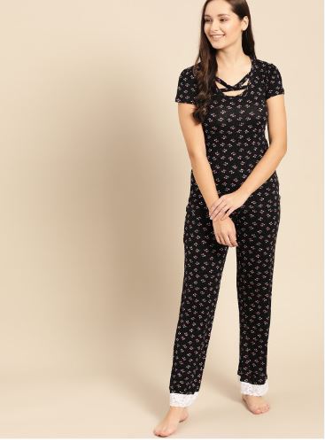 35% Off on Women Black & Pink Printed Night Suit - Myntra